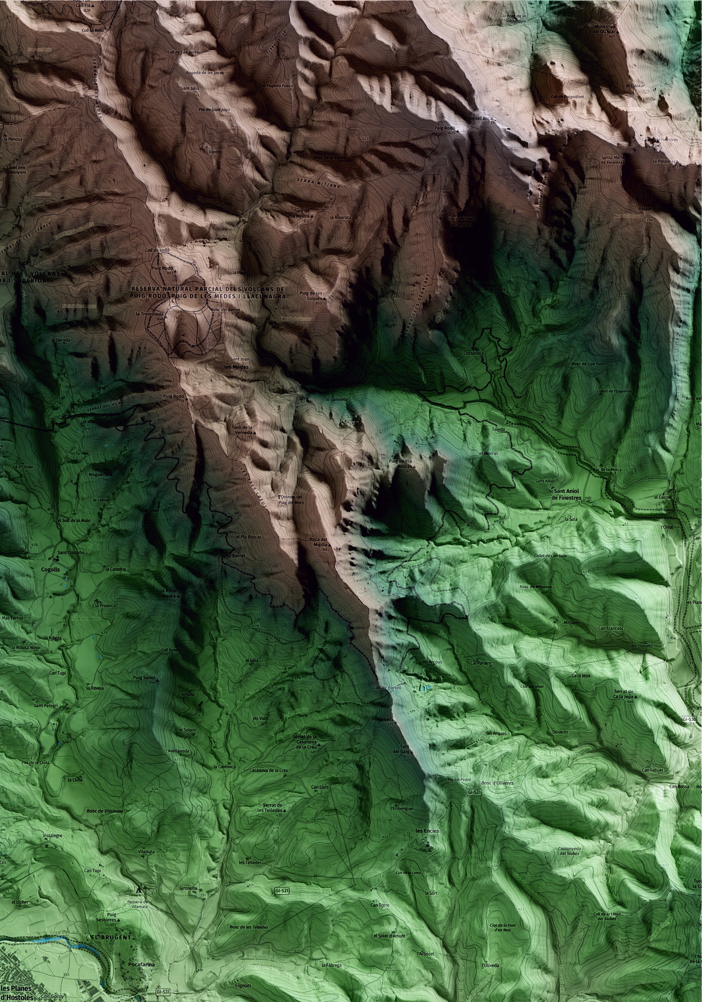 Mapa artístico del relieve de les Planes d'Hostoles, a la Garrotxa, con 15 km de entorno y base topográfica ICGC. Detalle de la zona superior derecha.