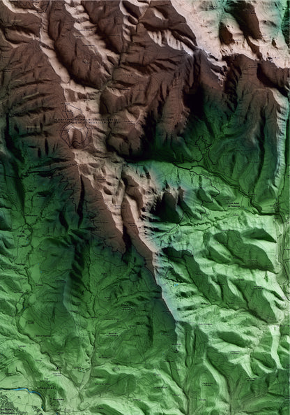Mapa artístico del relieve de les Planes d'Hostoles, a la Garrotxa, con 15 km de entorno y base topográfica ICGC. Detalle de la zona superior derecha.