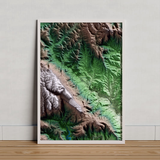 Mapa artístico del relieve de les Planes d'Hostoles, a la Garrotxa, con 15 km de entorno y base topográfica ICGC. Presentación enmarcada.