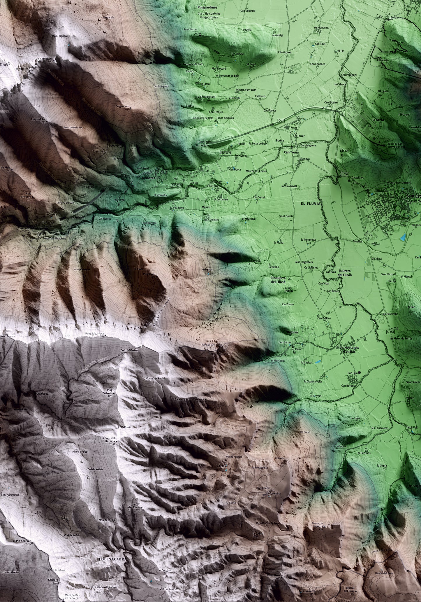 Mapa artístico del relieve de les Preses, a la Garrotxa, con 15 km de entorno y base topográfica ICGC. Detalle de la zona inferior izquierda.
