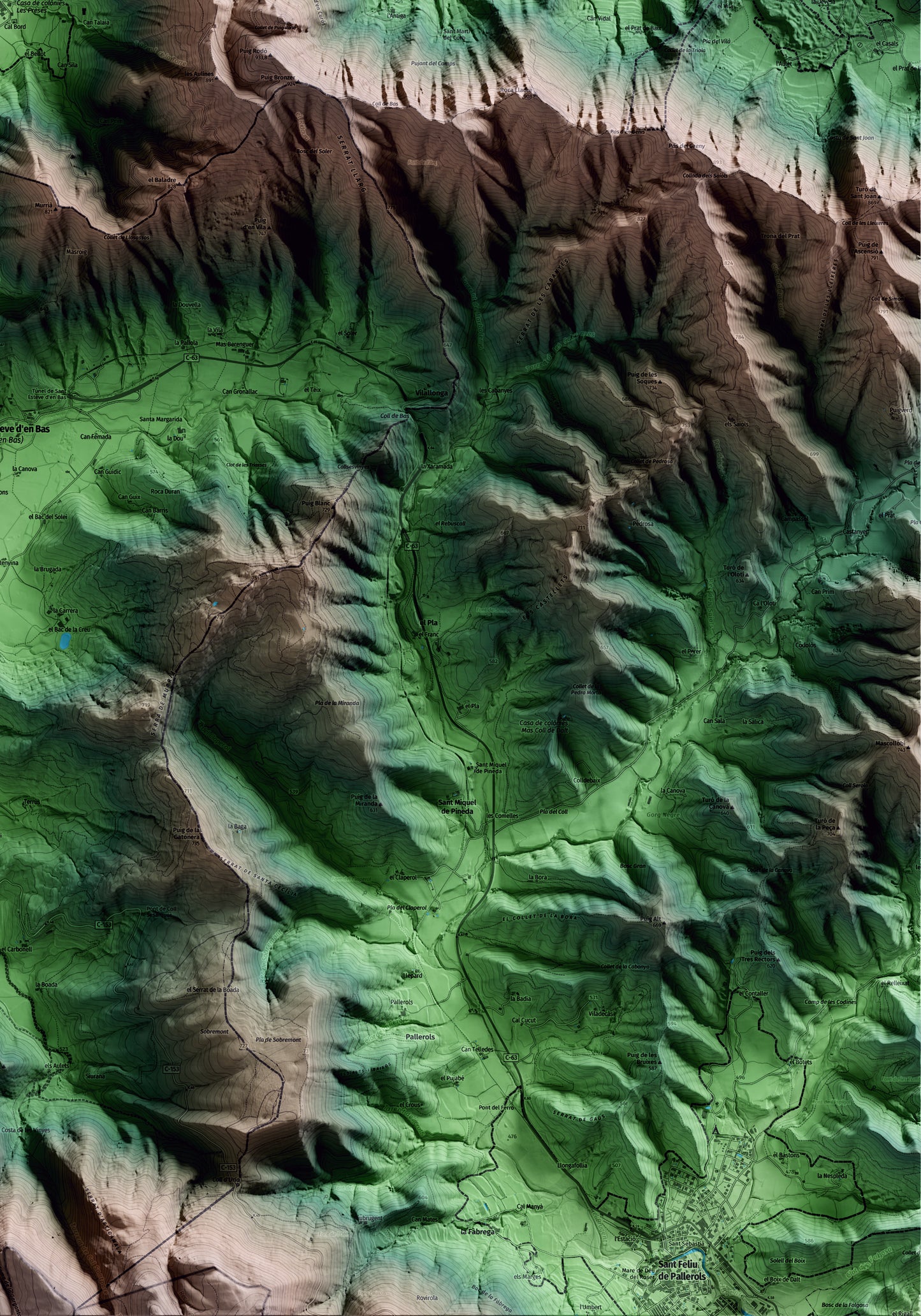 Mapa artístico del relieve de les Preses, a la Garrotxa, con 15 km de entorno y base topográfica ICGC. Detalle de la zona inferior derecha.