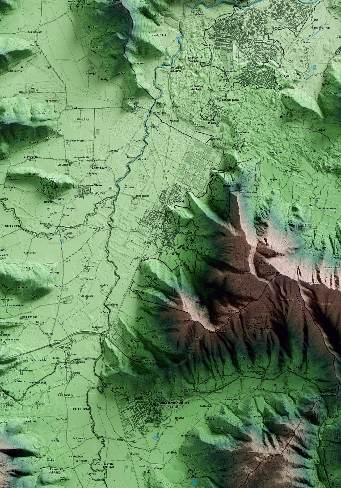 Mapa artístico del relieve de les Preses, a la Garrotxa, con 15 km de entorno y base topográfica ICGC. Detalle de la zona central.