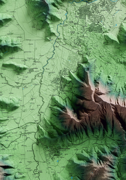 Mapa artístico del relieve de les Preses, a la Garrotxa, con 15 km de entorno y base topográfica ICGC. Detalle de la zona central.