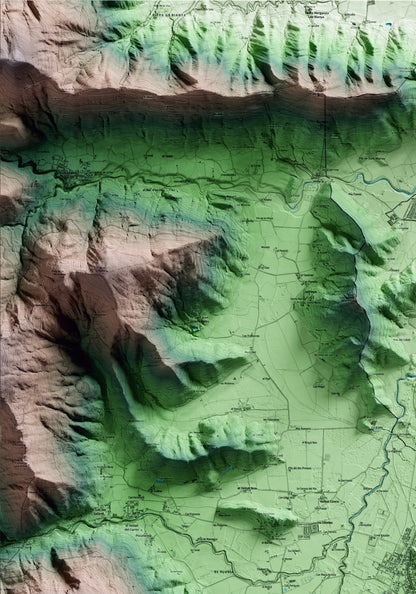 Mapa artístico del relieve de les Preses, a la Garrotxa, con 15 km de entorno y base topográfica ICGC. Detalle de la zona superior izquierda.