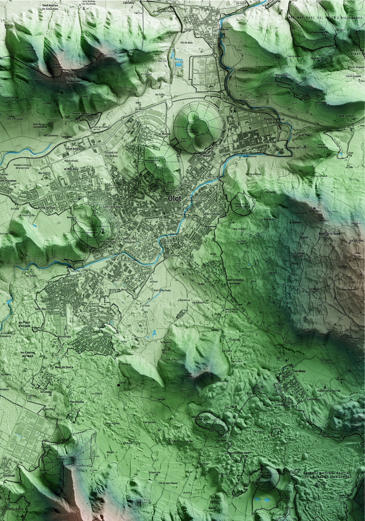Mapa artístico del relieve de les Preses, a la Garrotxa, con 15 km de entorno y base topográfica ICGC. Detalle de la zona superior derecha.