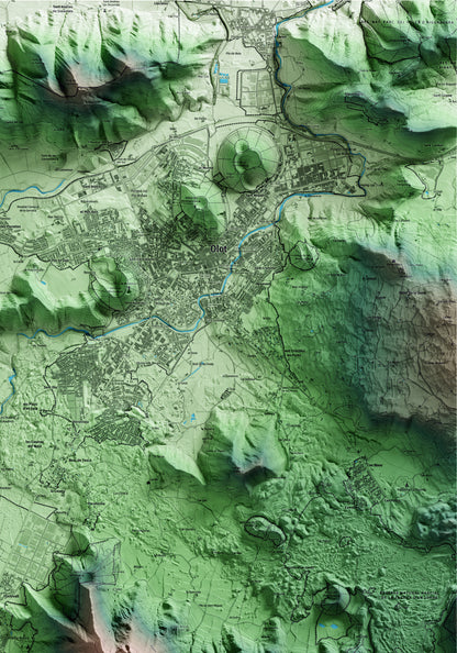 Mapa artístico del relieve de les Preses, a la Garrotxa, con 15 km de entorno y base topográfica ICGC. Detalle de la zona superior derecha.