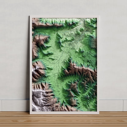 Mapa artístico del relieve de les Preses, a la Garrotxa, con 15 km de entorno y base topográfica ICGC. Presentación enmarcada.