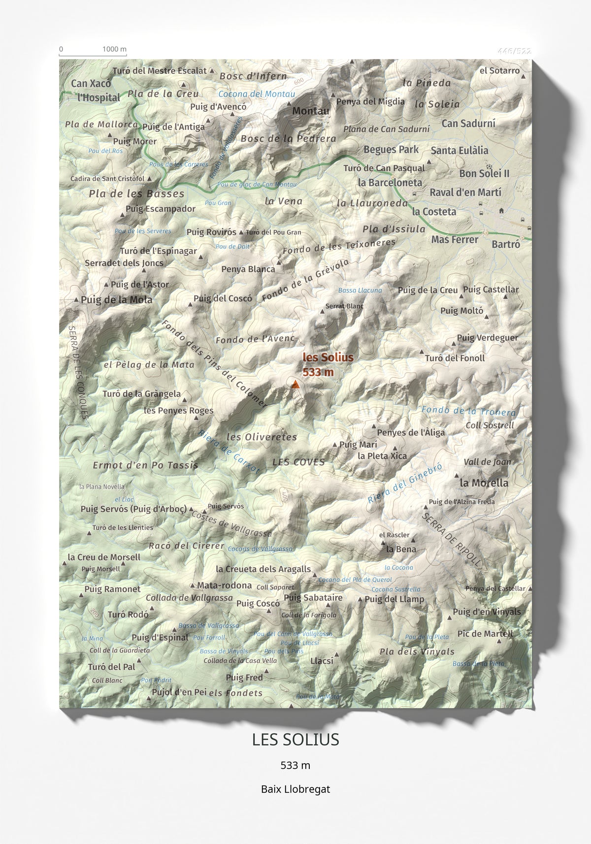 Mapa topográfico del relieve: les Solius, 533 m. Lámina completa. 21 × 30 cm.