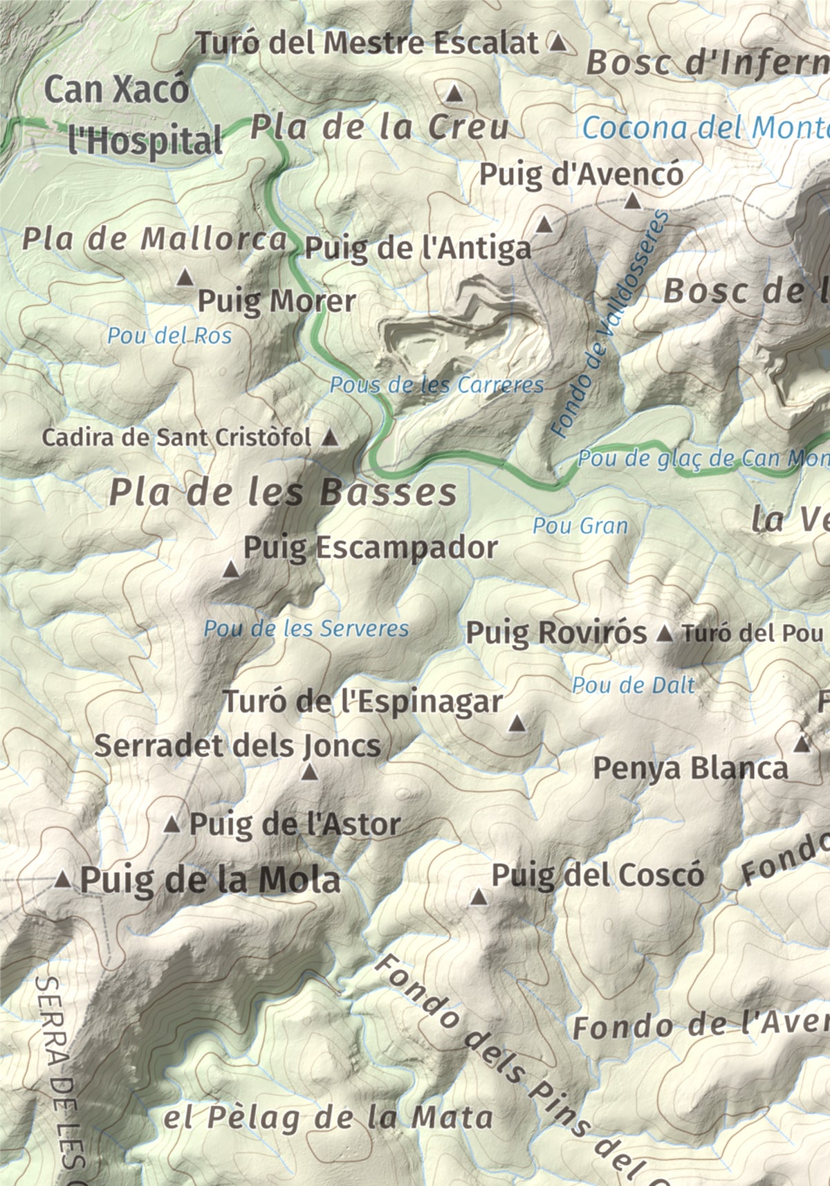 Mapa topográfico del relieve: les Solius, 533 m. Detalle de la zona superior izquierda. 21 × 30 cm.
