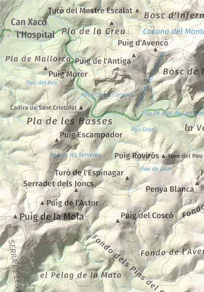 Mapa topográfico del relieve: les Solius, 533 m. Detalle de la zona superior izquierda. 21 × 30 cm.