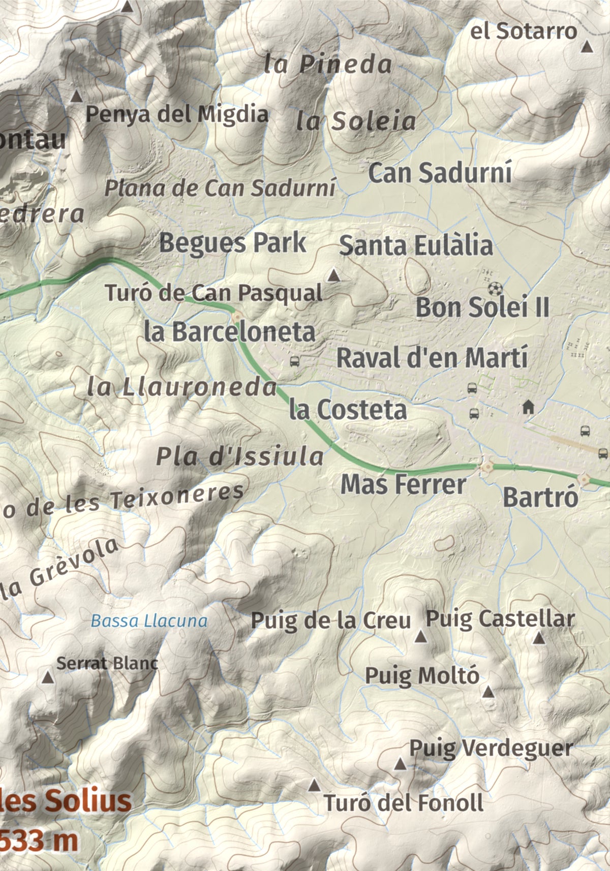 Mapa topográfico del relieve: les Solius, 533 m. Detalle de la zona superior derecha. 21 × 30 cm.
