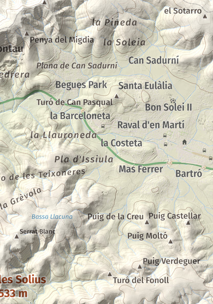 Mapa topográfico del relieve: les Solius, 533 m. Detalle de la zona superior derecha. 21 × 30 cm.