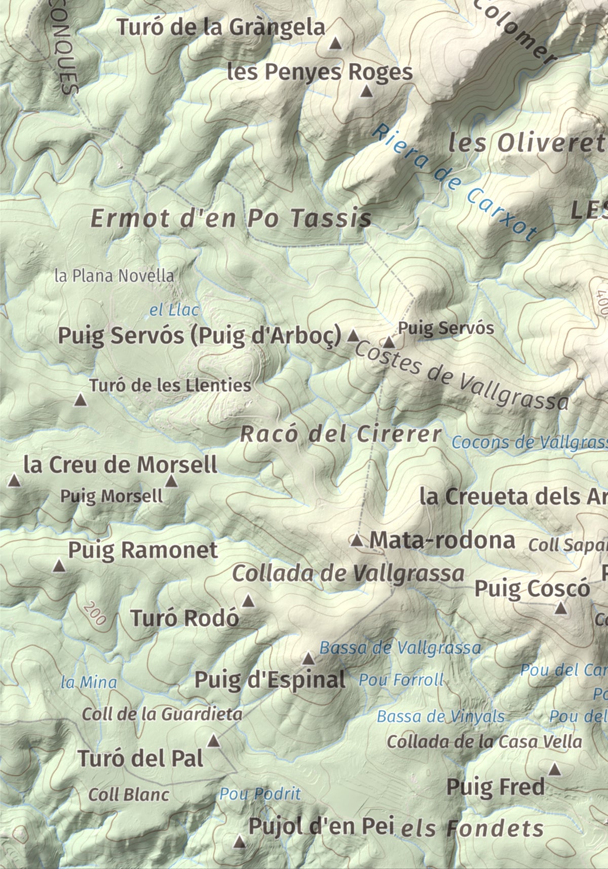Mapa topográfico del relieve: les Solius, 533 m. Detalle de la zona inferior izquierda. 21 × 30 cm.