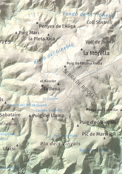 Mapa topográfico del relieve: les Solius, 533 m. Detalle de la zona inferior derecha. 21 × 30 cm.