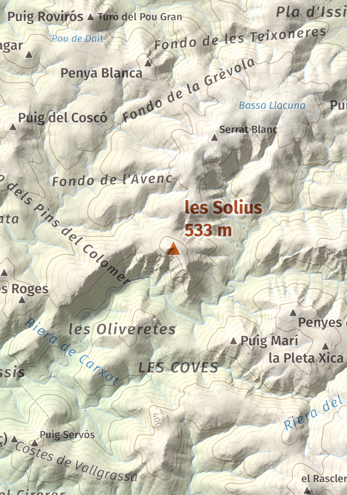 Mapa topográfico del relieve: les Solius, 533 m. Detalle de la zona central. 21 × 30 cm.