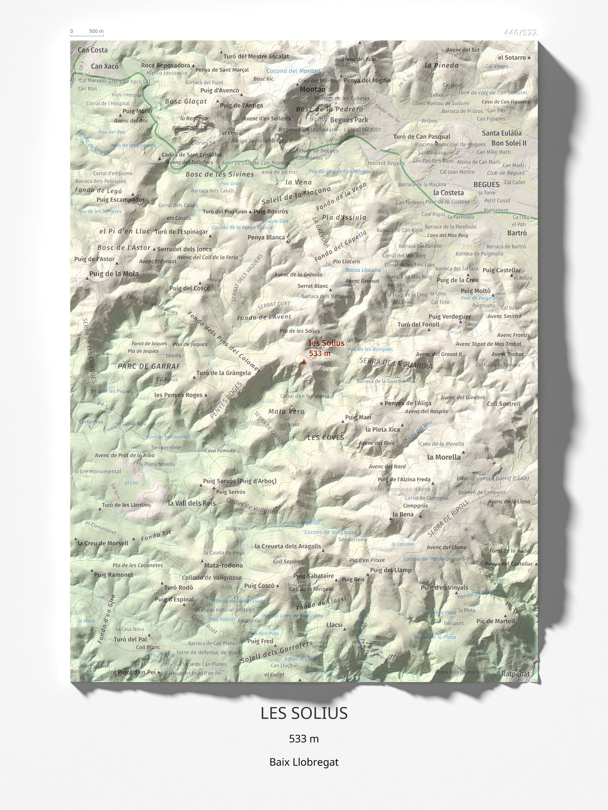 Mapa topográfico del relieve: les Solius, 533 m. Lámina completa. 30 × 40 cm.
