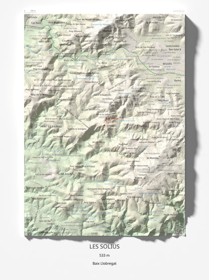 Mapa topográfico del relieve: les Solius, 533 m. Lámina completa. 30 × 40 cm.