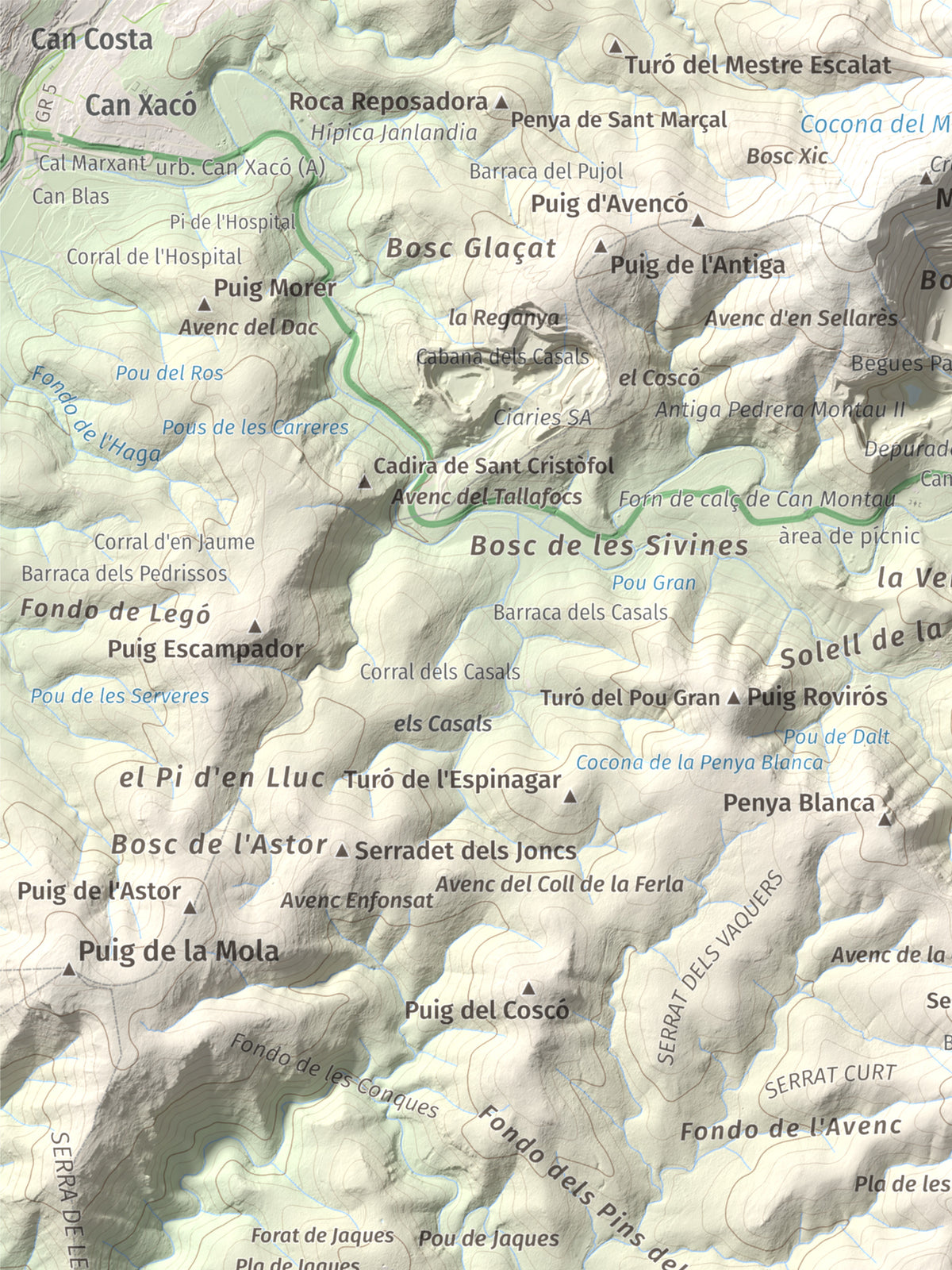 Mapa topográfico del relieve: les Solius, 533 m. Detalle de la zona superior izquierda. 30 × 40 cm.