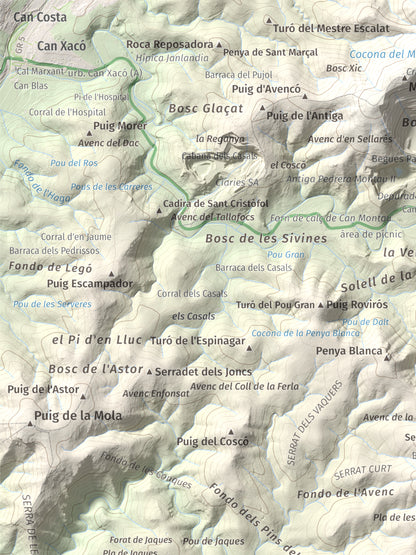 Mapa topográfico del relieve: les Solius, 533 m. Detalle de la zona superior izquierda. 30 × 40 cm.