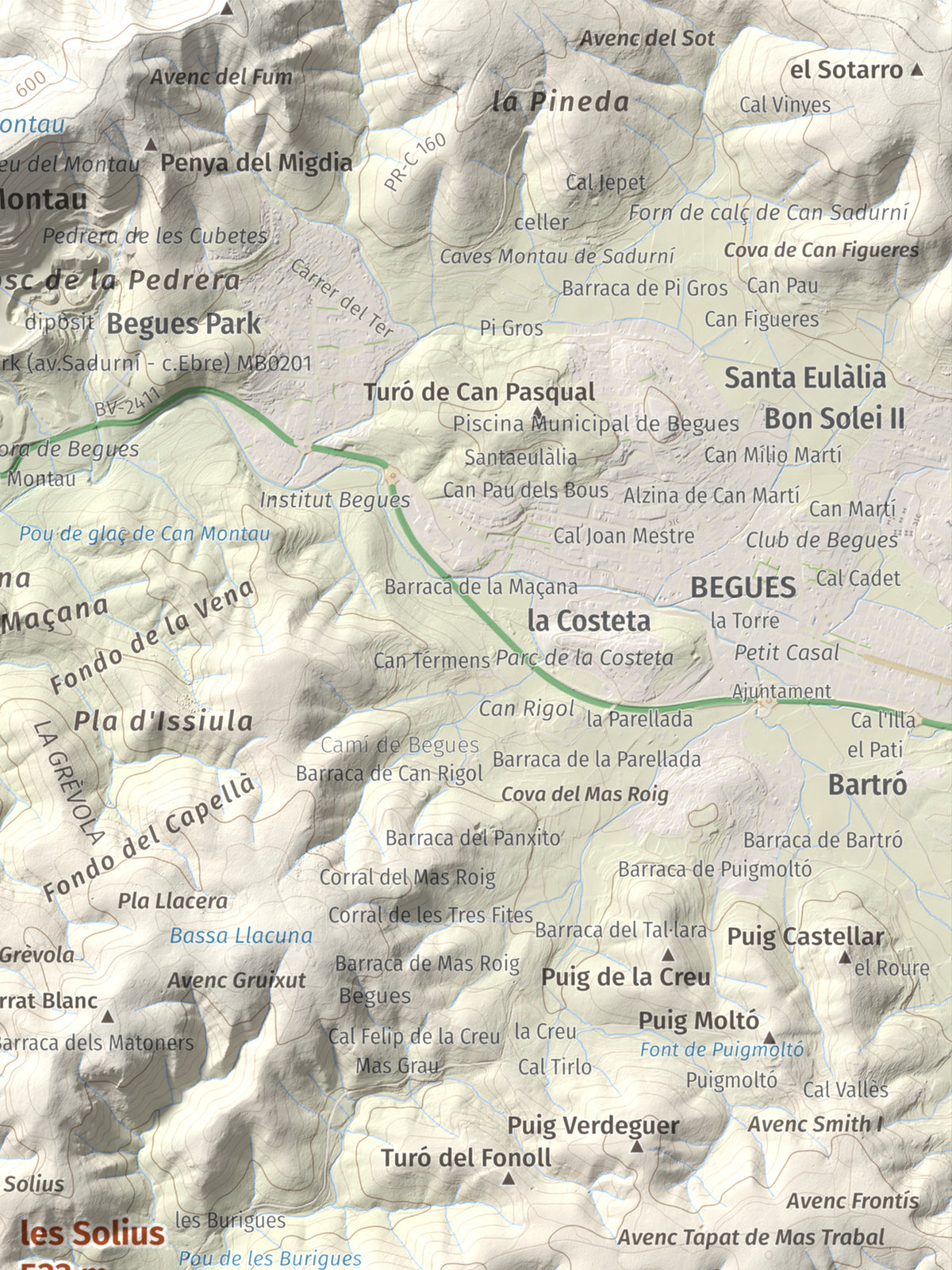 Mapa topográfico del relieve: les Solius, 533 m. Detalle de la zona superior derecha. 30 × 40 cm.