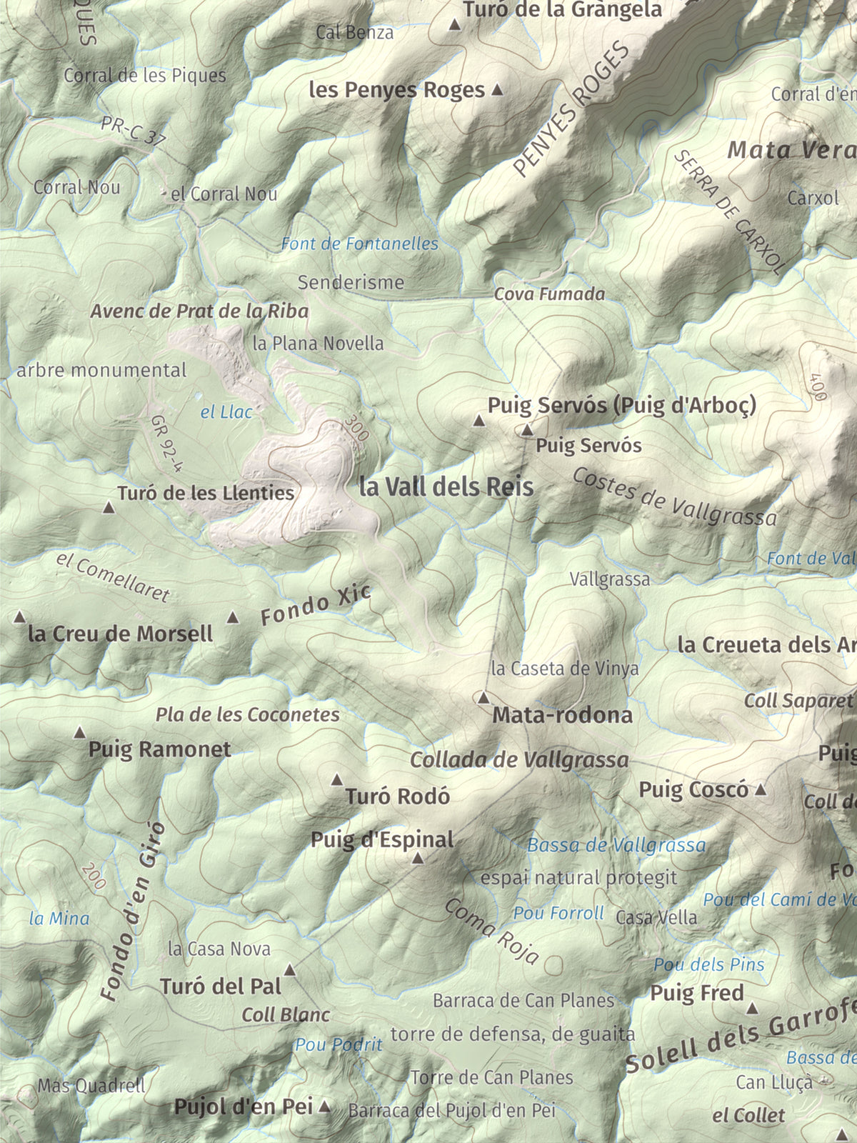 Mapa topográfico del relieve: les Solius, 533 m. Detalle de la zona inferior izquierda. 30 × 40 cm.