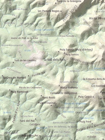 Mapa topográfico del relieve: les Solius, 533 m. Detalle de la zona inferior izquierda. 30 × 40 cm.