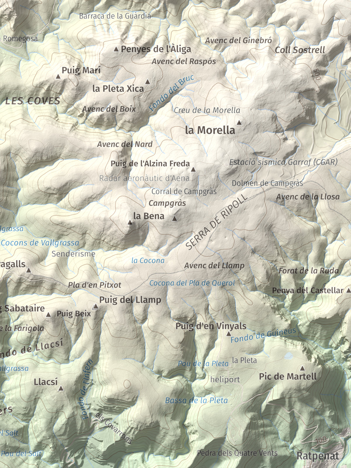 Mapa topográfico del relieve: les Solius, 533 m. Detalle de la zona inferior derecha. 30 × 40 cm.