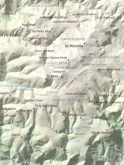 Mapa topográfico del relieve: les Solius, 533 m. Detalle de la zona inferior derecha. 30 × 40 cm.