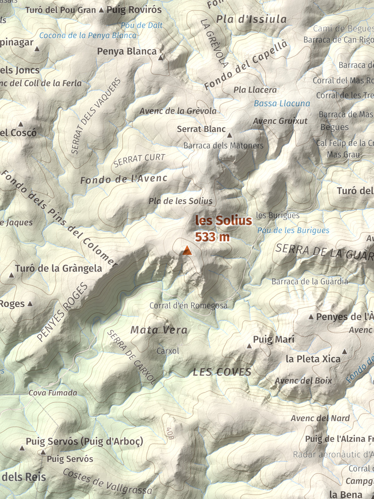 Mapa topográfico del relieve: les Solius, 533 m. Detalle de la zona central. 30 × 40 cm.