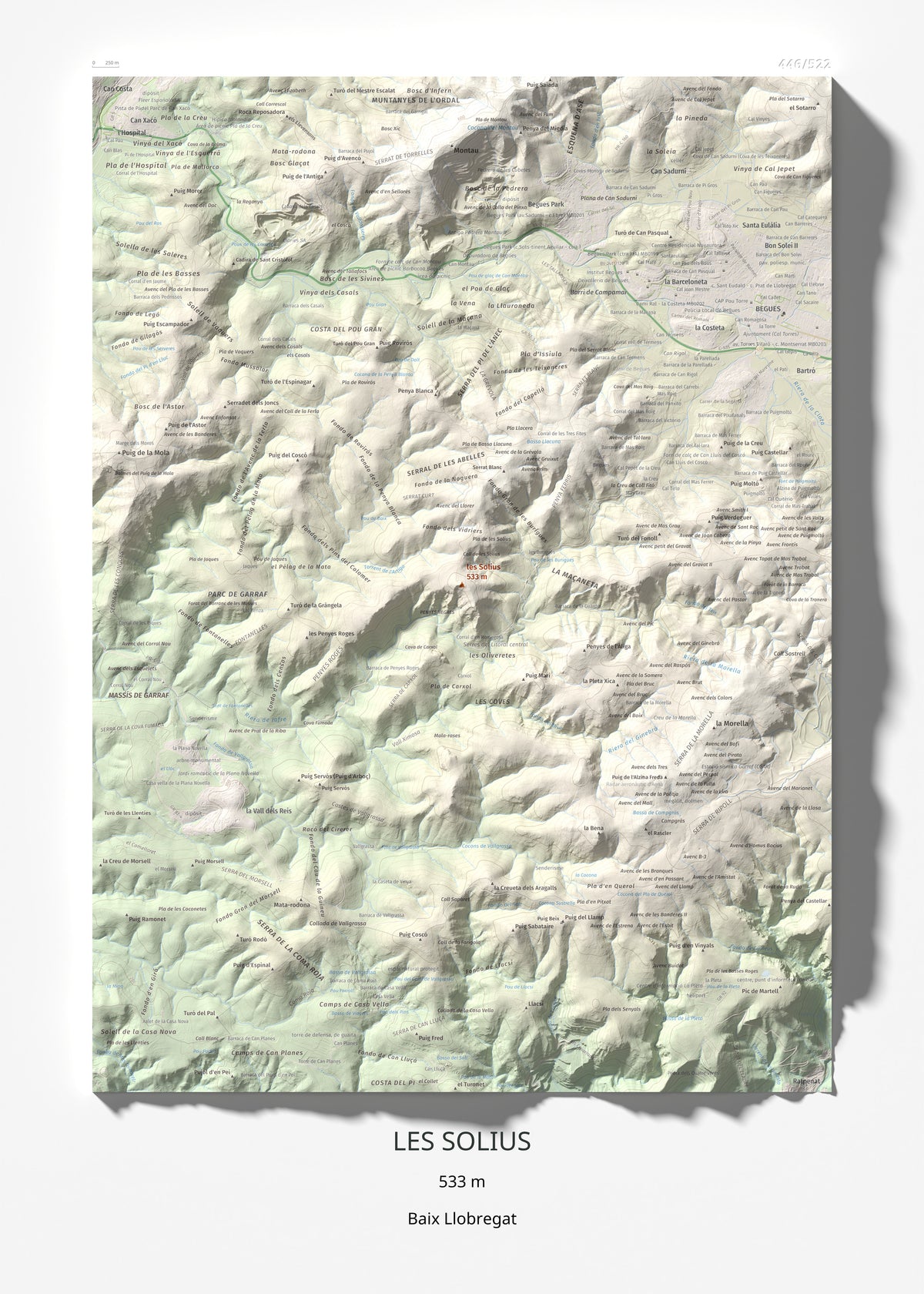 Mapa topográfico del relieve: les Solius, 533 m. Lámina completa. 50 × 70 cm.