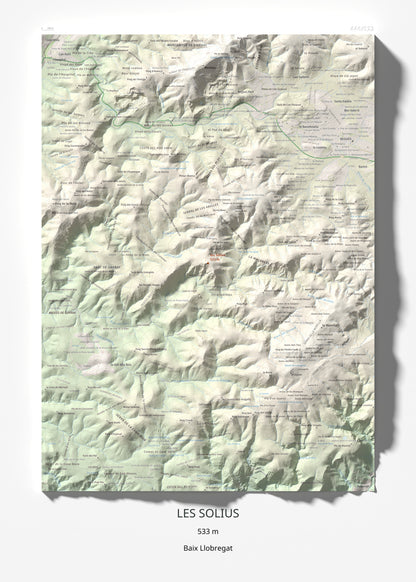 Mapa topográfico del relieve: les Solius, 533 m. Lámina completa. 50 × 70 cm.
