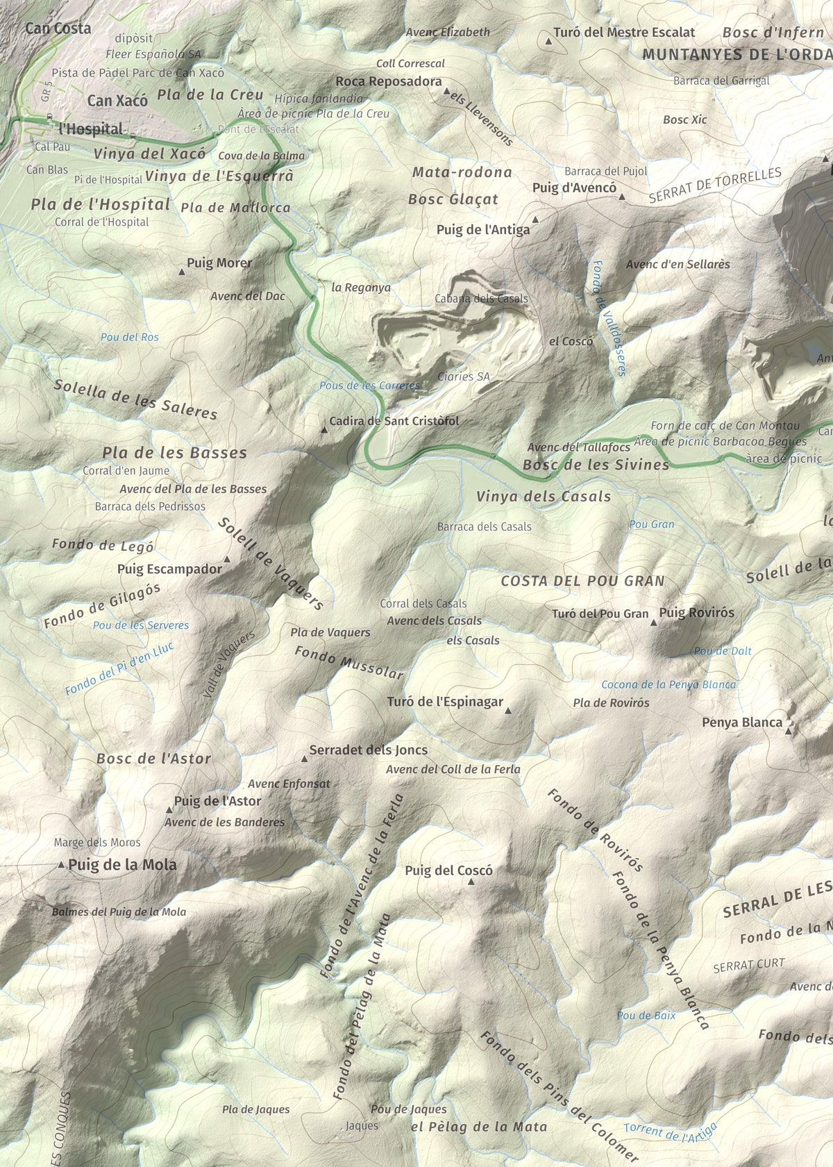 Mapa topográfico del relieve: les Solius, 533 m. Detalle de la zona superior izquierda. 50 × 70 cm.