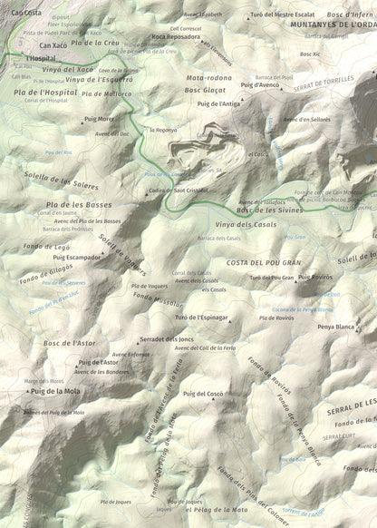 Mapa topográfico del relieve: les Solius, 533 m. Detalle de la zona superior izquierda. 50 × 70 cm.