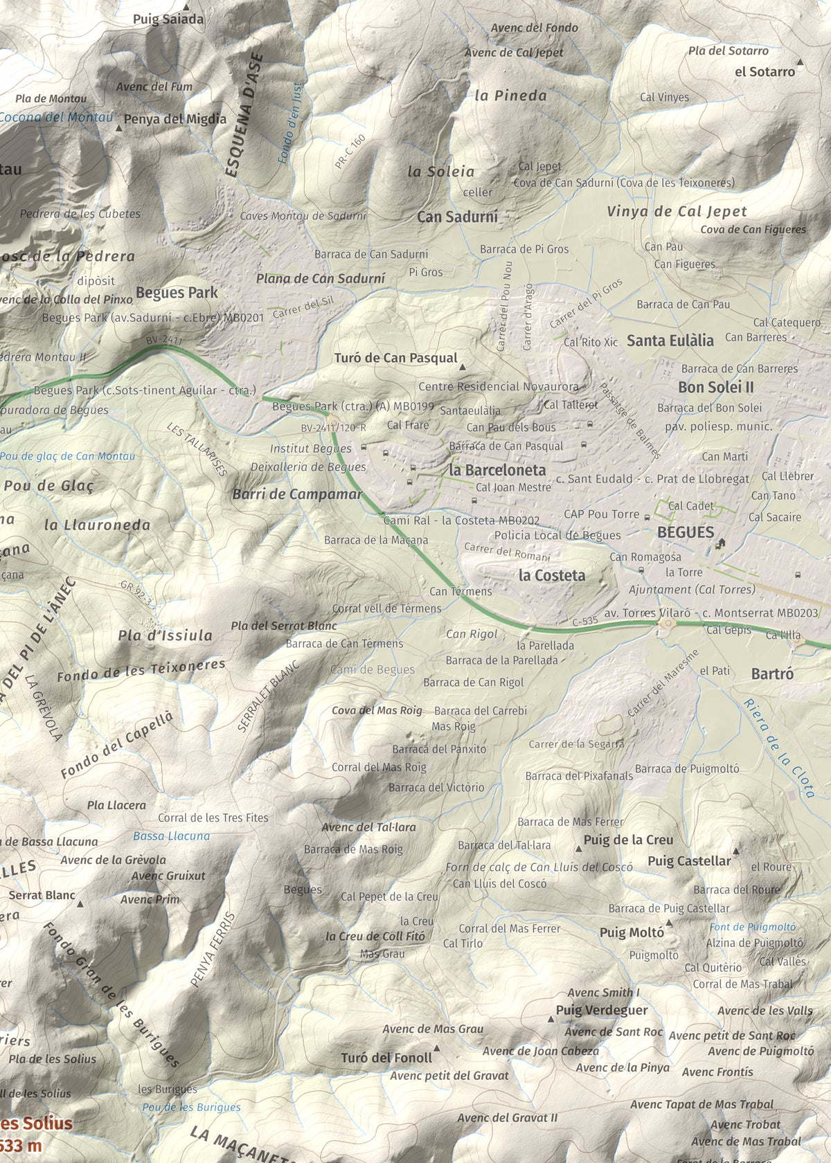 Mapa topográfico del relieve: les Solius, 533 m. Detalle de la zona superior derecha. 50 × 70 cm.
