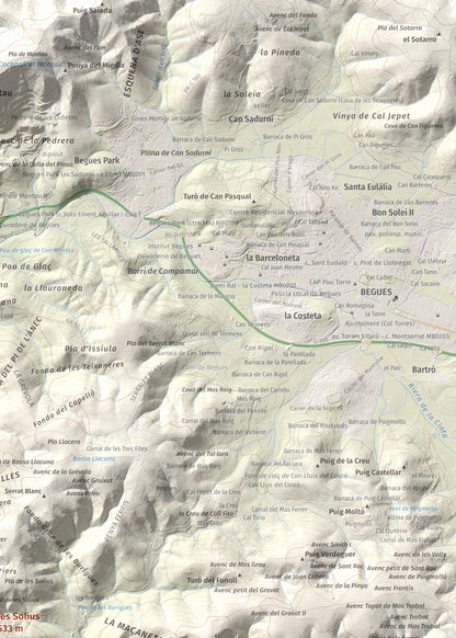 Mapa topográfico del relieve: les Solius, 533 m. Detalle de la zona superior derecha. 50 × 70 cm.