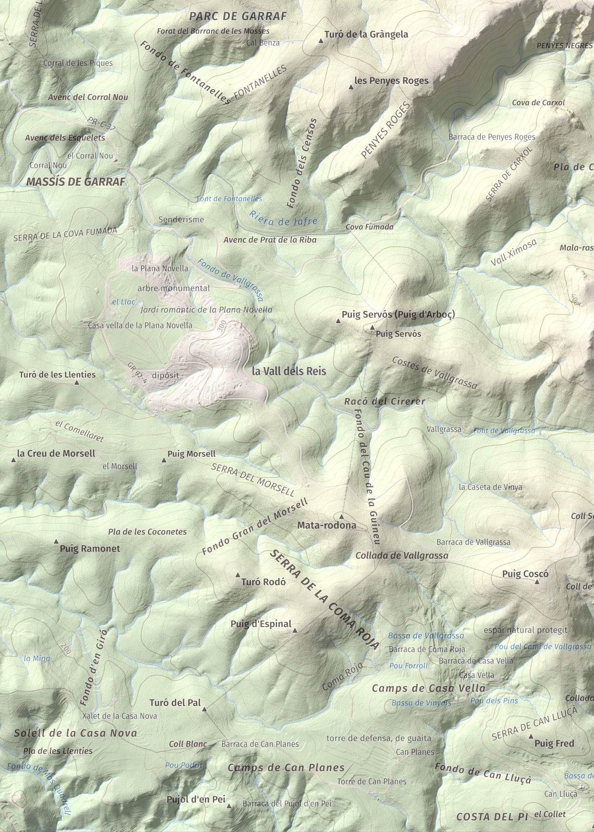 Mapa topográfico del relieve: les Solius, 533 m. Detalle de la zona inferior izquierda. 50 × 70 cm.