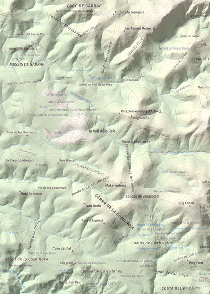 Mapa topográfico del relieve: les Solius, 533 m. Detalle de la zona inferior izquierda. 50 × 70 cm.