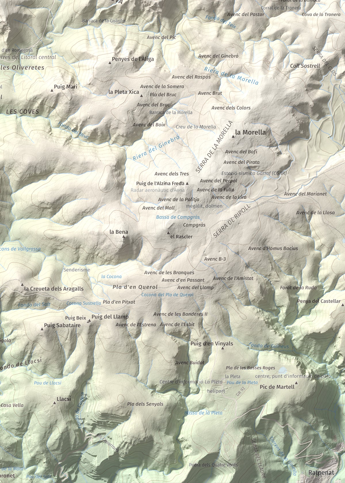 Mapa topográfico del relieve: les Solius, 533 m. Detalle de la zona inferior derecha. 50 × 70 cm.
