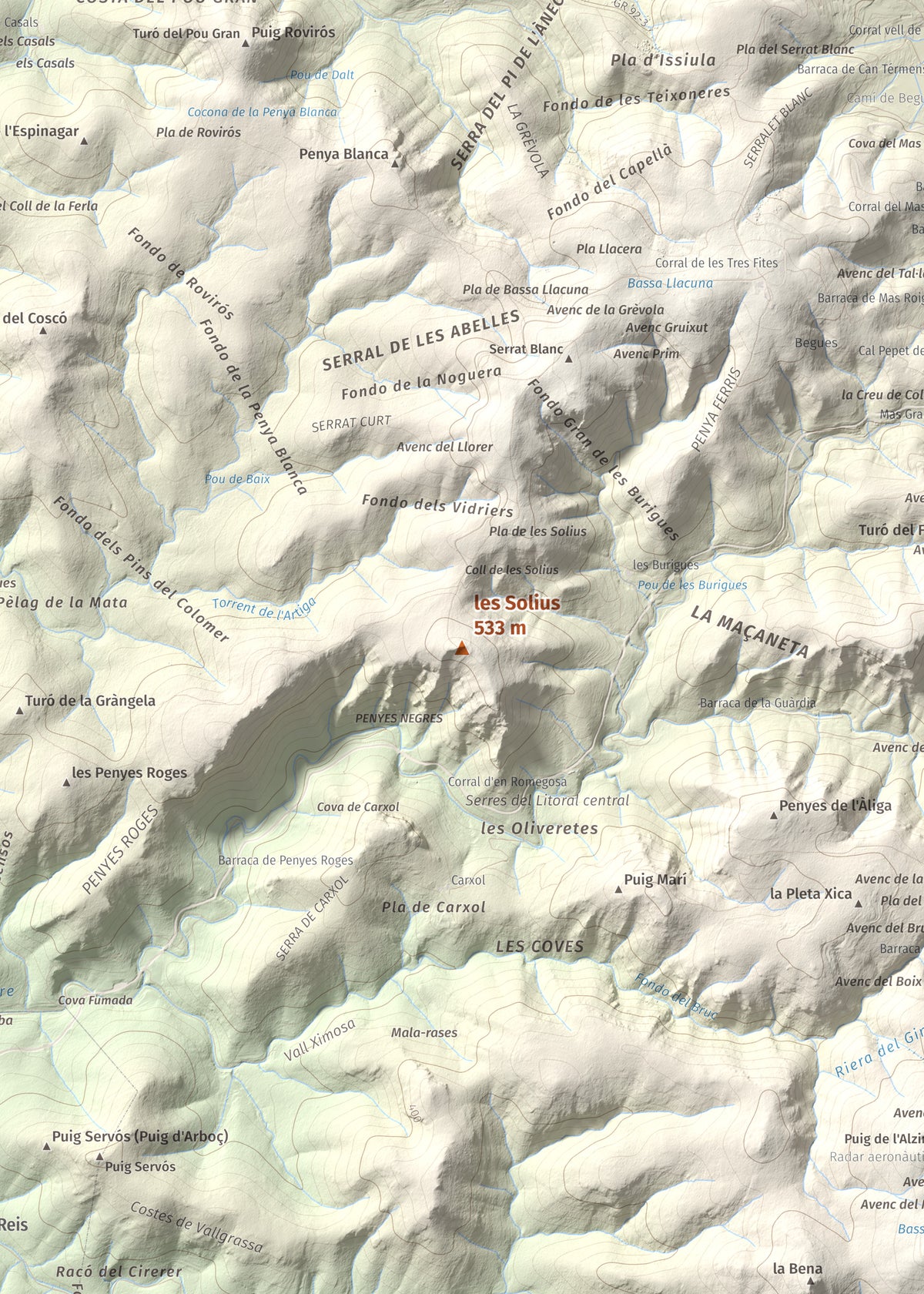 Mapa topográfico del relieve: les Solius, 533 m. Detalle de la zona central. 50 × 70 cm.
