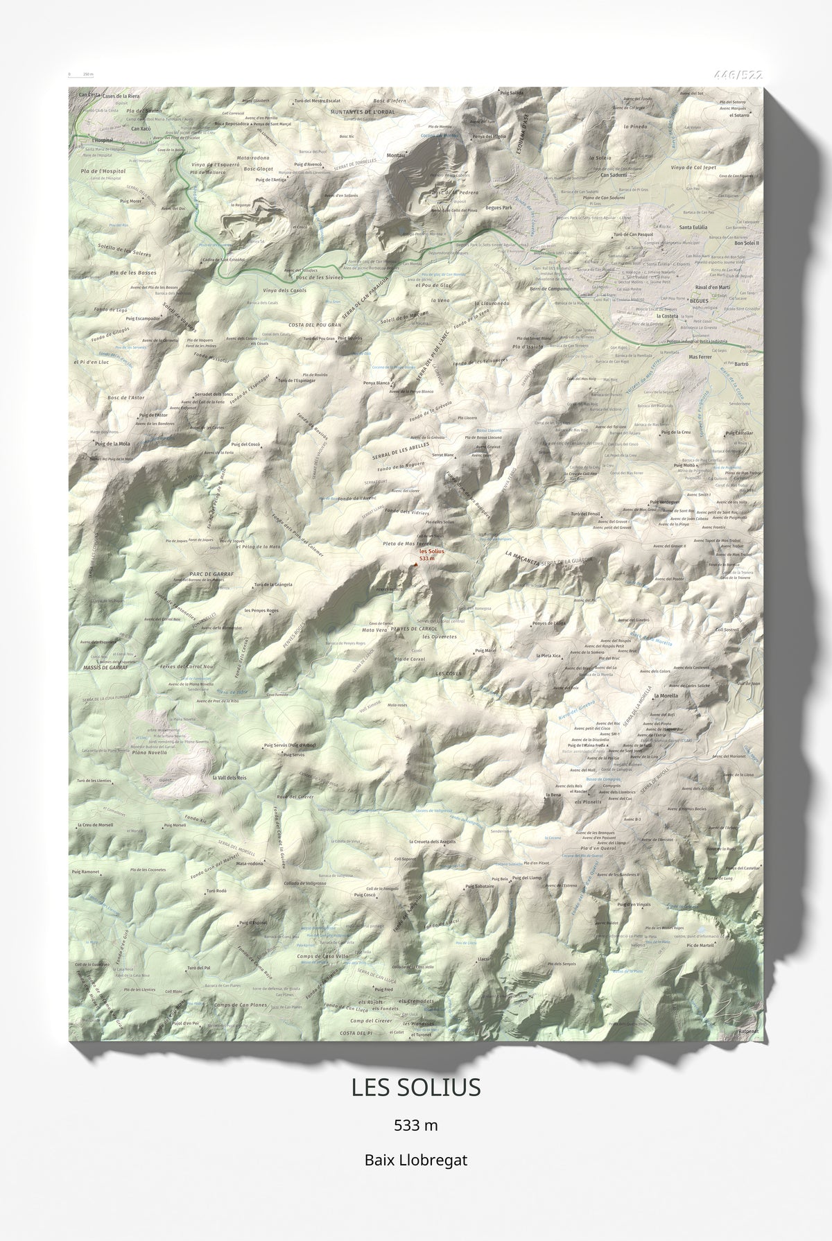 Mapa topográfico del relieve: les Solius, 533 m. Lámina completa. 61 × 91 cm.