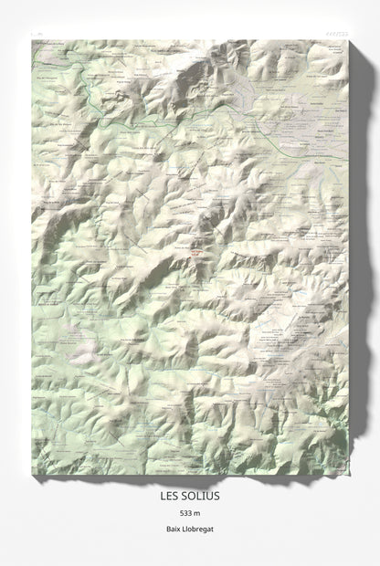 Mapa topográfico del relieve: les Solius, 533 m. Lámina completa. 61 × 91 cm.