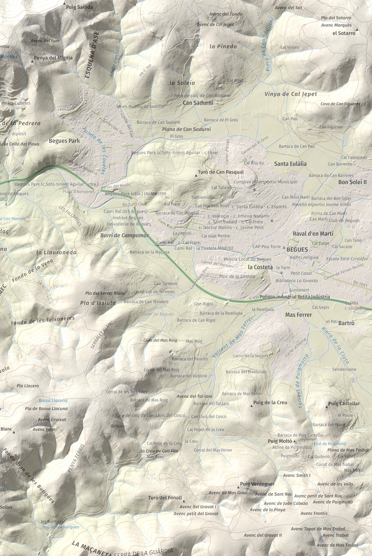 Mapa topográfico del relieve: les Solius, 533 m. Detalle de la zona superior derecha. 61 × 91 cm.
