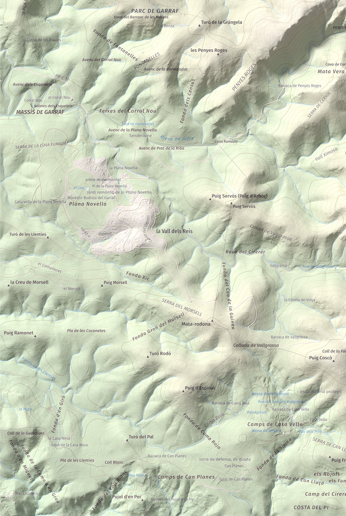 Mapa topográfico del relieve: les Solius, 533 m. Detalle de la zona inferior izquierda. 61 × 91 cm.