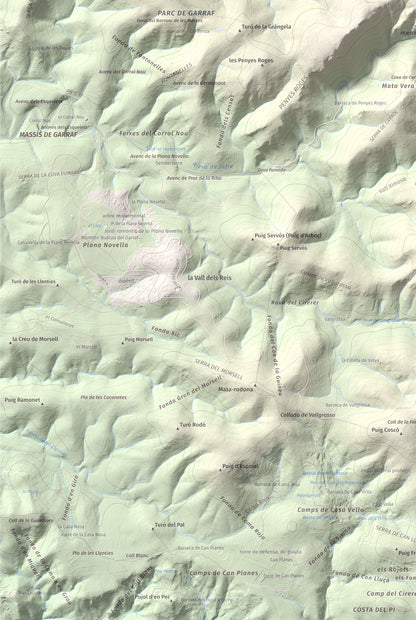 Mapa topográfico del relieve: les Solius, 533 m. Detalle de la zona inferior izquierda. 61 × 91 cm.