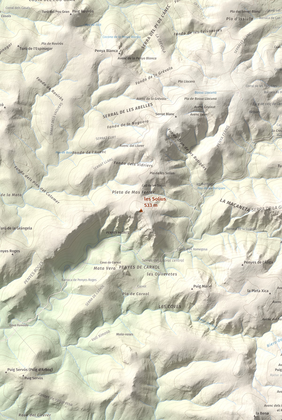 Mapa topográfico del relieve: les Solius, 533 m. Detalle de la zona central. 61 × 91 cm.