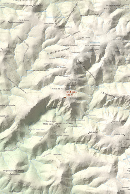 Mapa topográfico del relieve: les Solius, 533 m. Detalle de la zona central. 61 × 91 cm.