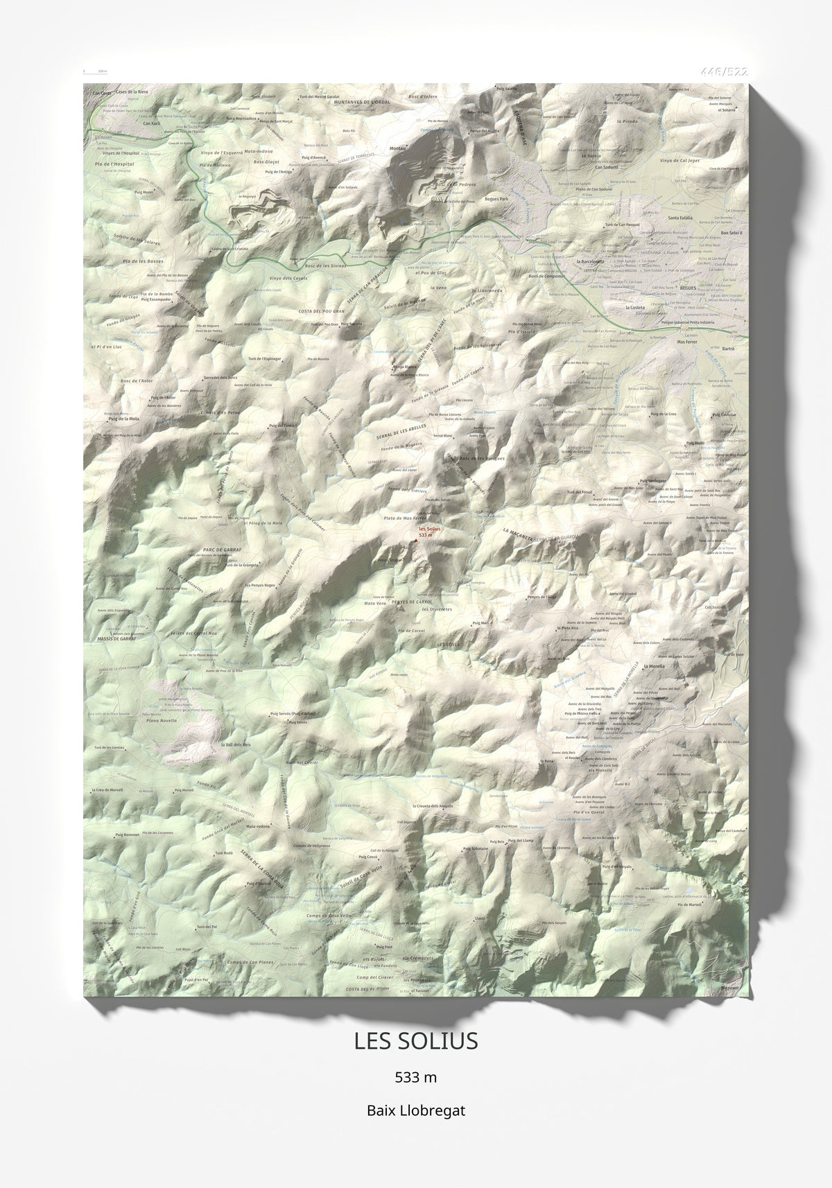 Mapa topográfico del relieve: les Solius, 533 m. Lámina completa. 70 × 100 cm.