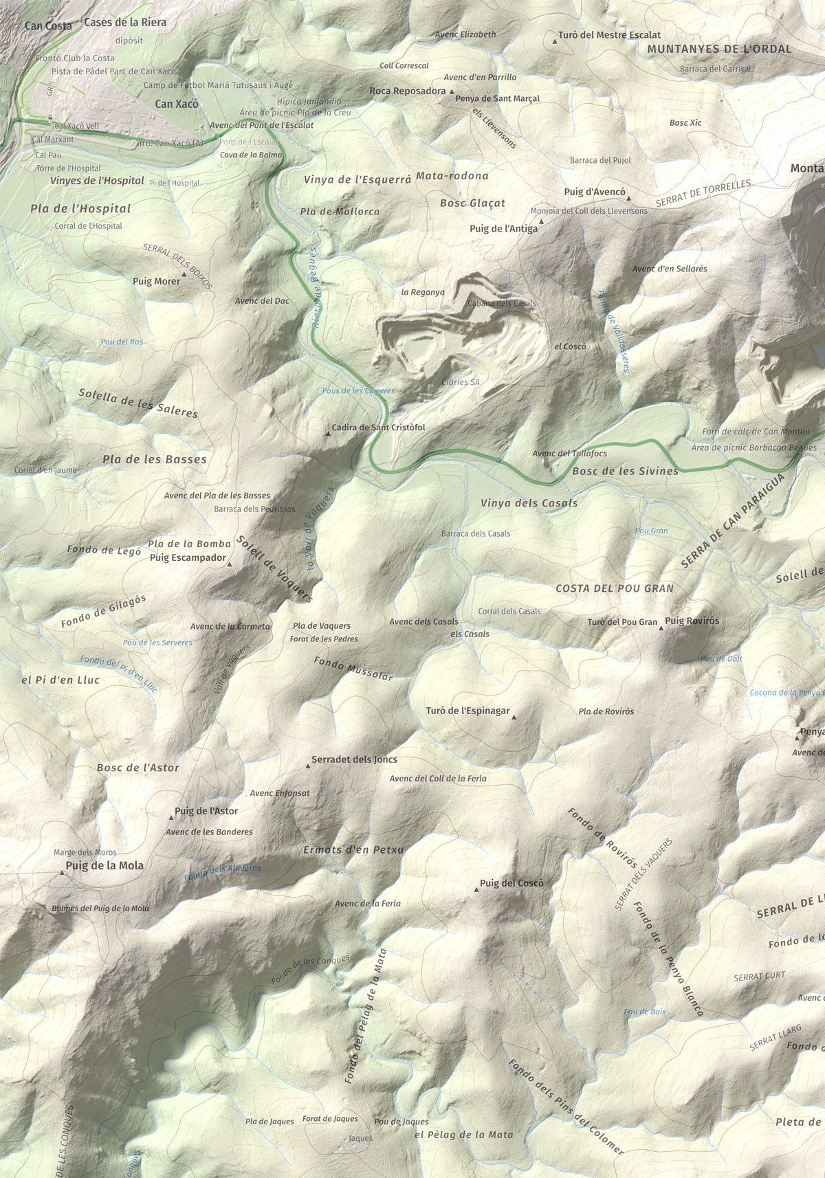 Mapa topográfico del relieve: les Solius, 533 m. Detalle de la zona superior izquierda. 70 × 100 cm.