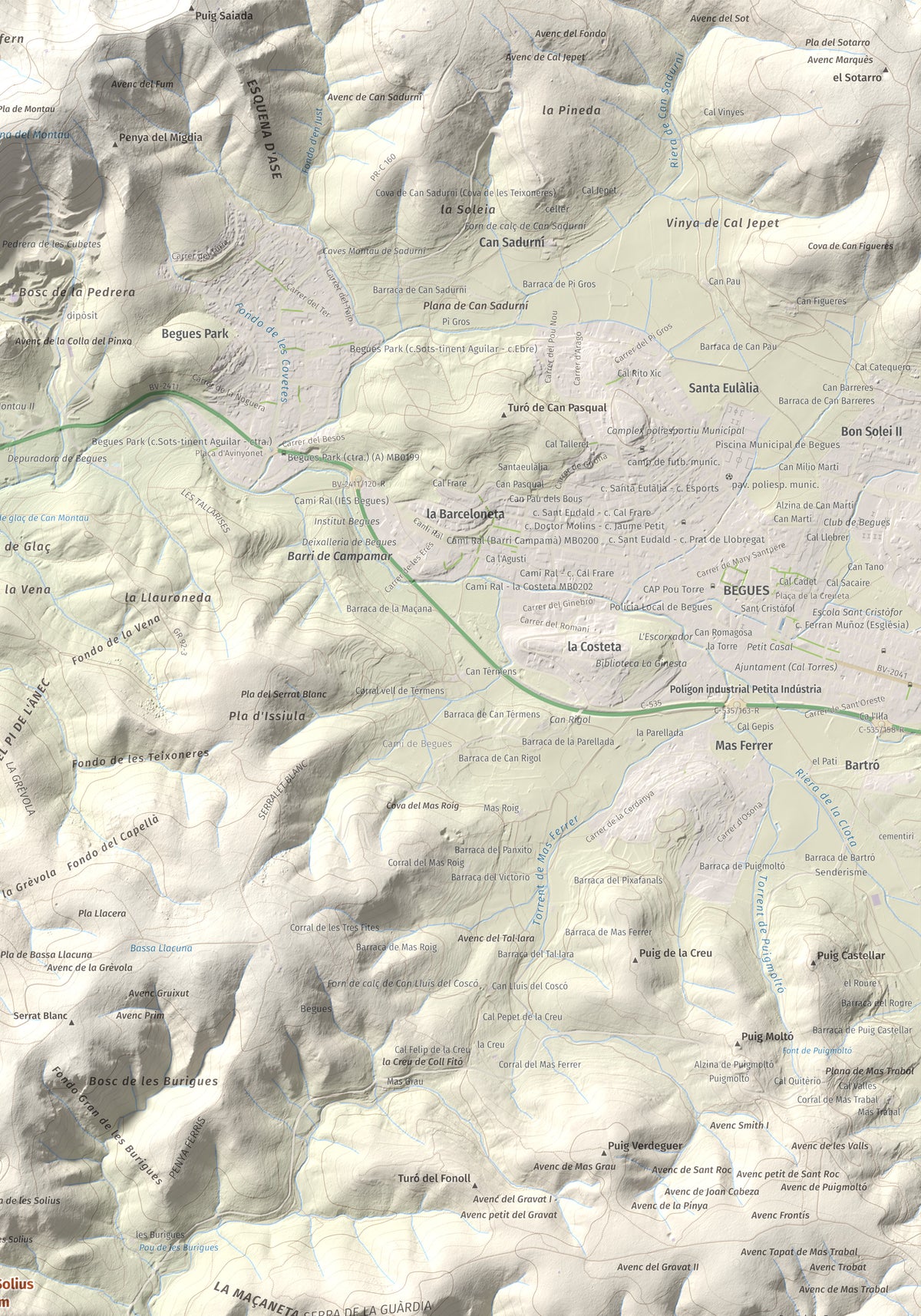 Mapa topográfico del relieve: les Solius, 533 m. Detalle de la zona superior derecha. 70 × 100 cm.