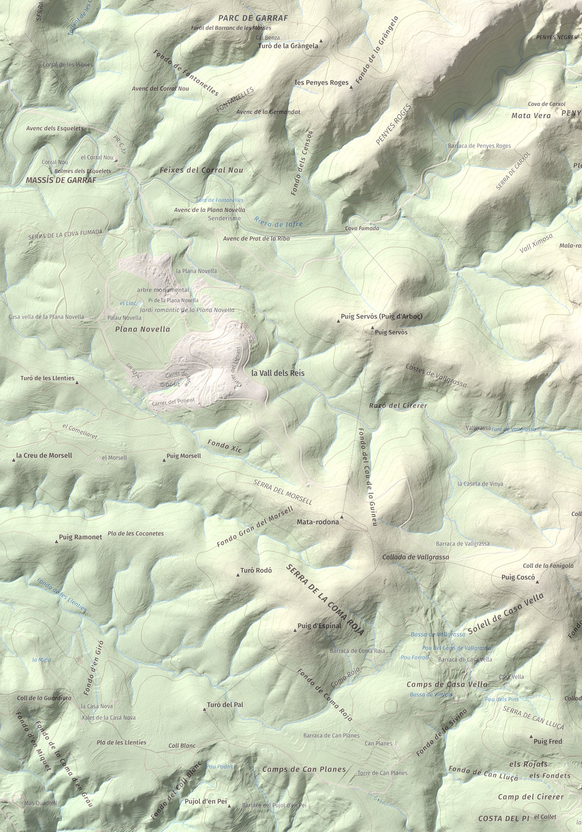 Mapa topográfico del relieve: les Solius, 533 m. Detalle de la zona inferior izquierda. 70 × 100 cm.